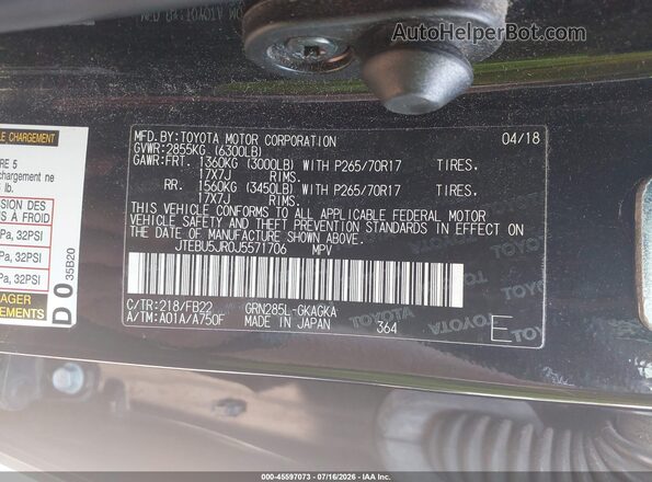 JTEBU5JR0J5571706 2018 TOYOTA 4RUNNER Black Vista del compartimento del motor