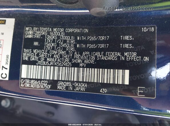 JTEBU5JR1K5629825 2019 TOYOTA 4RUNNER Dark Blue Вид підкапотного простору