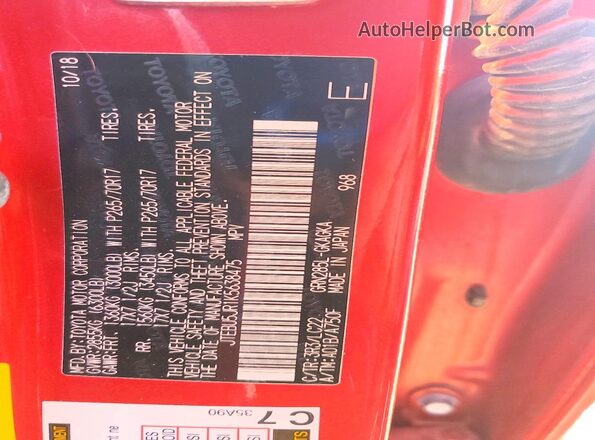 JTEBU5JR1K5638475 2019 TOYOTA 4RUNNER Red სალონის 360-გრადუსიანი ხედი