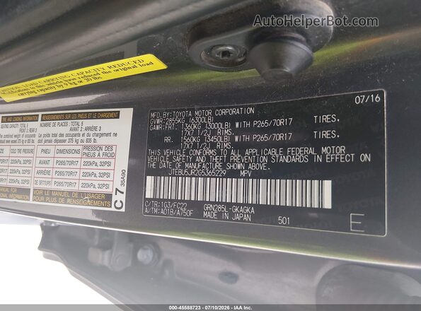 JTEBU5JR2G5365229 2016 TOYOTA 4RUNNER Gray Vista del compartimento del motor