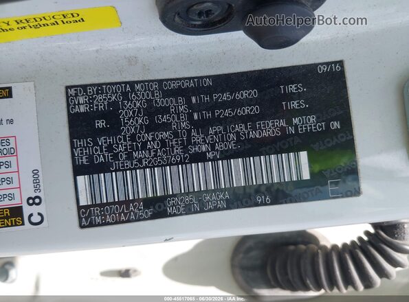JTEBU5JR2G5376912 2016 TOYOTA 4RUNNER Белый Вид подкапотного пространства