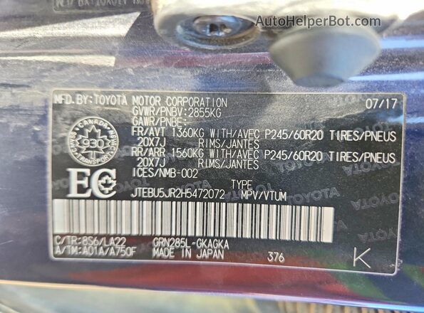 JTEBU5JR2H5472072 2017 TOYOTA 4RUNNER Blue VIN კოდის სტიკერის ხედი