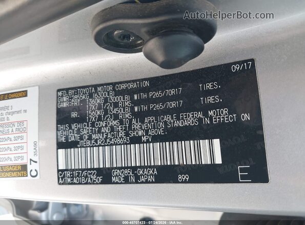 JTEBU5JR2J5498693 2018 TOYOTA 4RUNNER Silver Vista del compartimento del motor