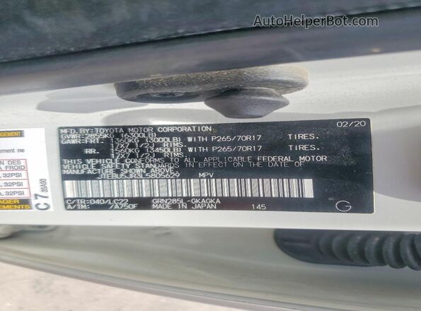 JTEBU5JR3L5805629 2020 TOYOTA 4RUNNER White Widok naklejki z numerem VIN
