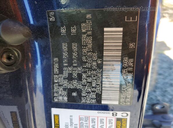 JTEBU5JR4G5348142 2016 TOYOTA 4RUNNER Синий Панорамный вид салона 360°