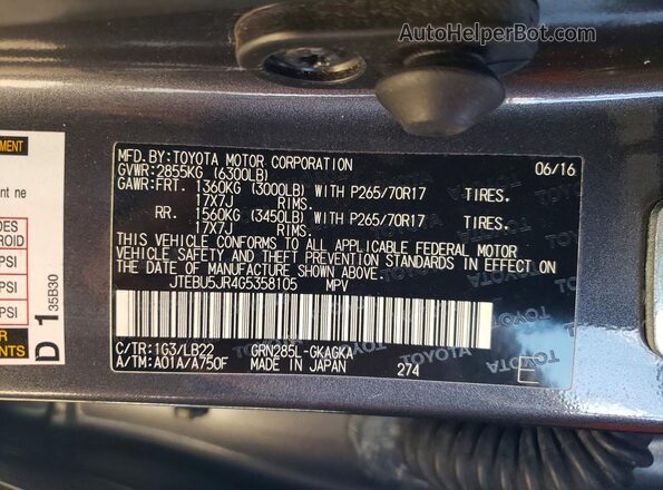 JTEBU5JR4G5358105 2016 TOYOTA 4RUNNER Gray VIN կոդի պիտակի տեսք