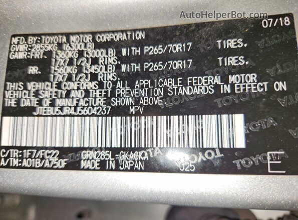 JTEBU5JR4J5604237 2018 TOYOTA 4RUNNER Silver Widok naklejki z numerem VIN