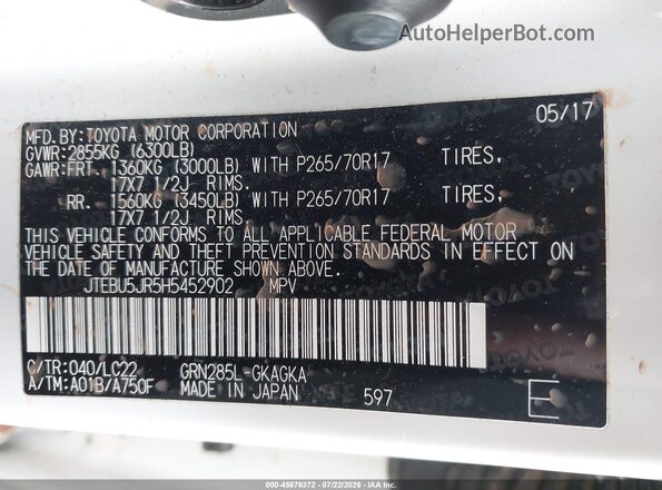 JTEBU5JR5H5452902 2017 TOYOTA 4RUNNER White Vista del compartimento del motor