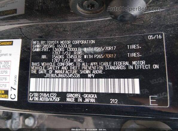 JTEBU5JR6G5345338 2016 TOYOTA 4RUNNER Black Vista del compartimento del motor