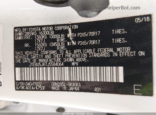 JTEBU5JR7J5584064 2018 TOYOTA 4RUNNER White Widok komory silnika