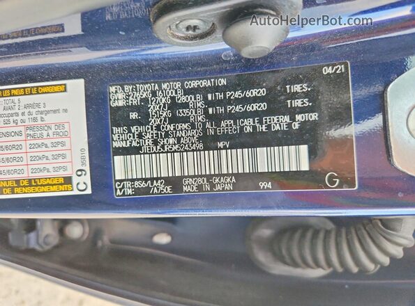 JTEDU5JR5M5243498 2021 TOYOTA 4RUNNER Blue Vista de la etiqueta del VIN