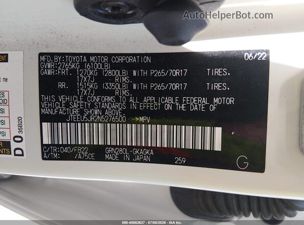 JTEEU5JR2N5276500 2022 TOYOTA 4RUNNER White Вид підкапотного простору