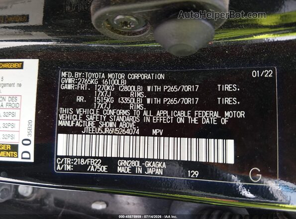 JTEEU5JR6N5264074 2022 TOYOTA 4RUNNER Black Vista del compartimento del motor