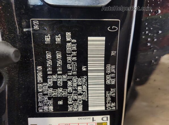 JTEEU5JRXM5229956 2021 TOYOTA 4RUNNER Black VIN კოდის სტიკერის ხედი