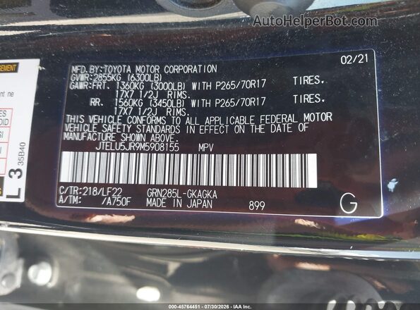 JTELU5JR9M5908155 2021 TOYOTA 4RUNNER Черный Вид подкапотного пространства