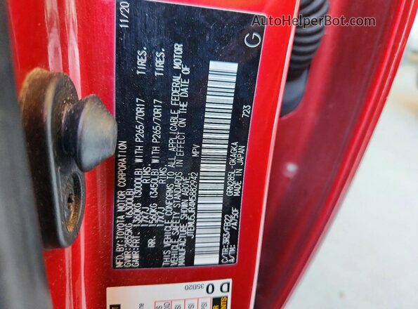 JTEMU5JR4M5882942 2021 TOYOTA 4RUNNER Red VIN კოდის სტიკერის ხედი