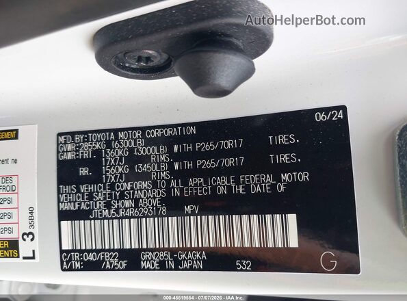 JTEMU5JR4R6293178 2024 TOYOTA 4RUNNER White Engine compartment view