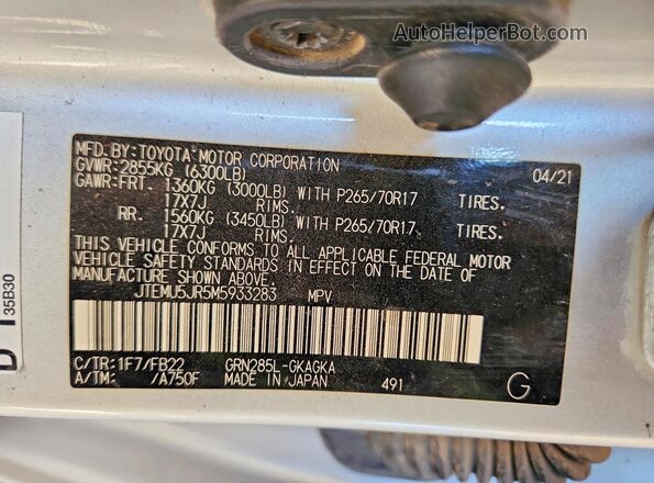JTEMU5JR5M5933283 2021 TOYOTA 4RUNNER Silver VIN კოდის სტიკერის ხედი