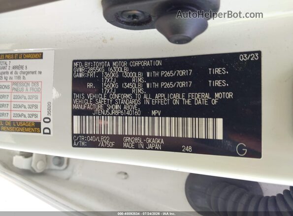 JTENU5JR8P6140160 2023 TOYOTA 4RUNNER White Vista del compartimento del motor