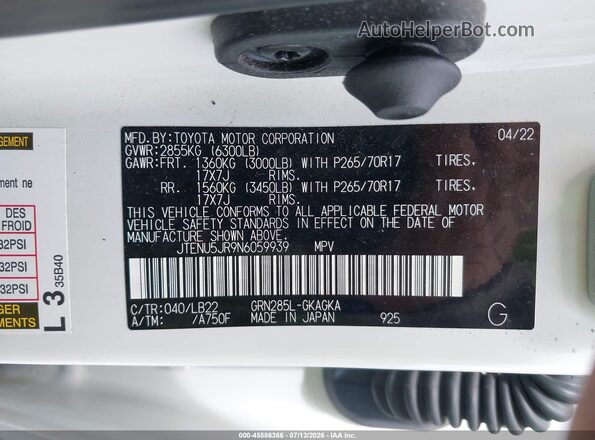 JTENU5JR9N6059939 2022 TOYOTA 4RUNNER White Вид підкапотного простору