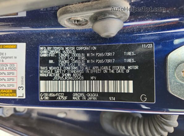 JTEPU5JR2R6233428 2024 TOYOTA 4RUNNER Blue VIN կոդի պիտակի տեսք