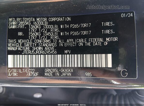 JTERU5JR0R6245456 2024 TOYOTA 4RUNNER Gray Vista del compartimento del motor