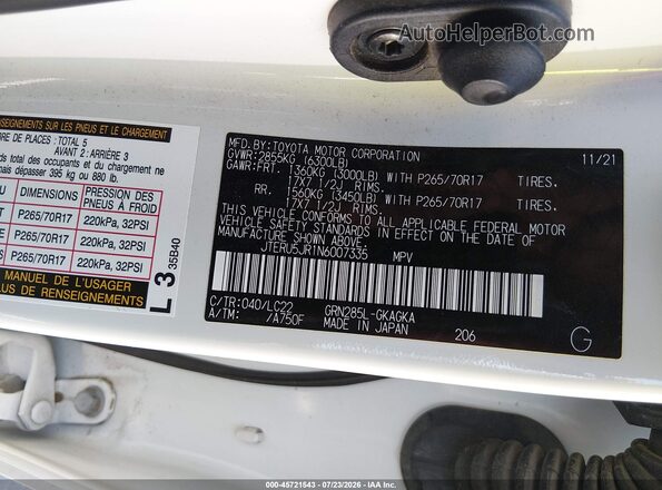 JTERU5JR1N6007335 2022 TOYOTA 4RUNNER Белый Вид подкапотного пространства