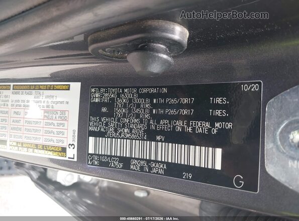 JTERU5JR3M5865314 2021 TOYOTA 4RUNNER Gray ძრავის განყოფილების ხედი