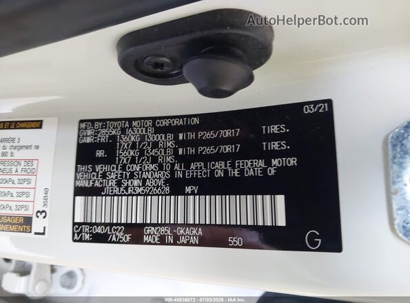 JTERU5JR3M5926628 2021 TOYOTA 4RUNNER White Շարժիչի բաժամունքի տեսք