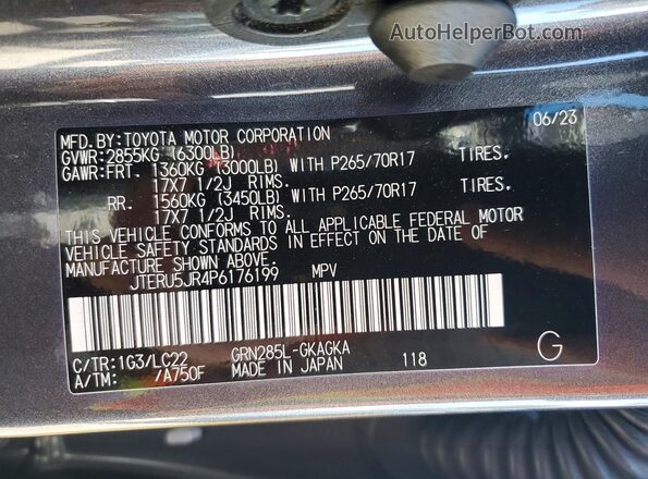 JTERU5JR4P6176199 2023 TOYOTA 4RUNNER Gray VIN կոդի պիտակի տեսք