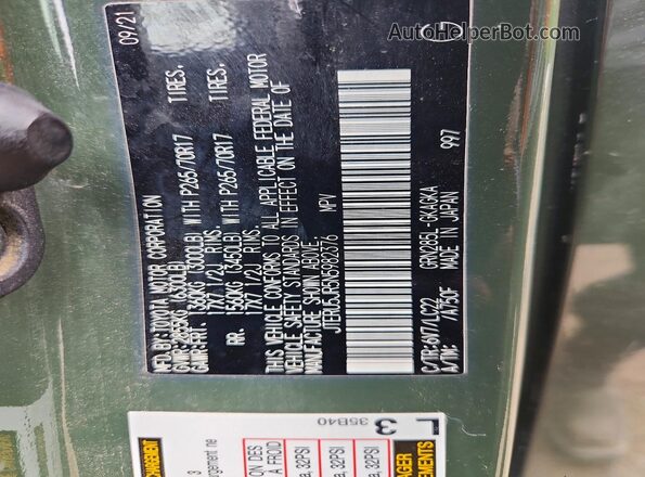 JTERU5JR5N5982376 2022 TOYOTA 4RUNNER Зеленый Панорамный вид салона 360°