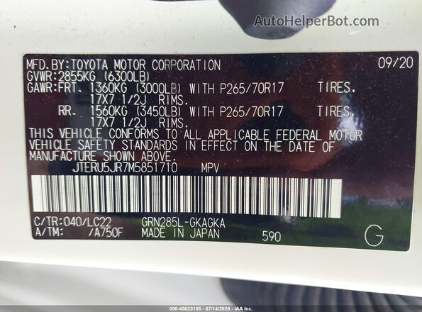 JTERU5JR7M5851710 2021 TOYOTA 4RUNNER White Widok komory silnika
