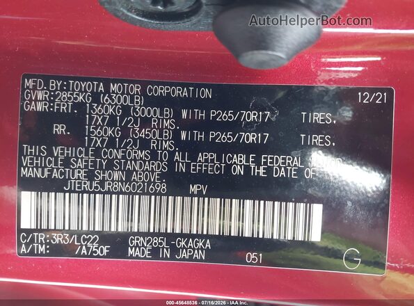 JTERU5JR8N6021698 2022 TOYOTA 4RUNNER Red Вид підкапотного простору