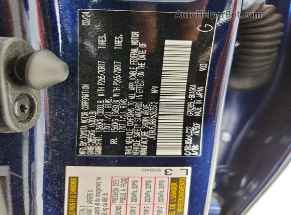 JTERU5JR8R6263512 2024 TOYOTA 4RUNNER Blue Widok naklejki z numerem VIN
