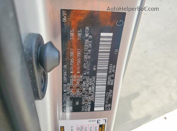 JTERU5JRXM5952840 2021 TOYOTA 4RUNNER Silver VIN sticker view