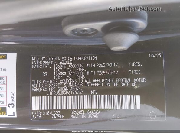 JTERU5JRXP6146737 2023 TOYOTA 4RUNNER Black Widok komory silnika