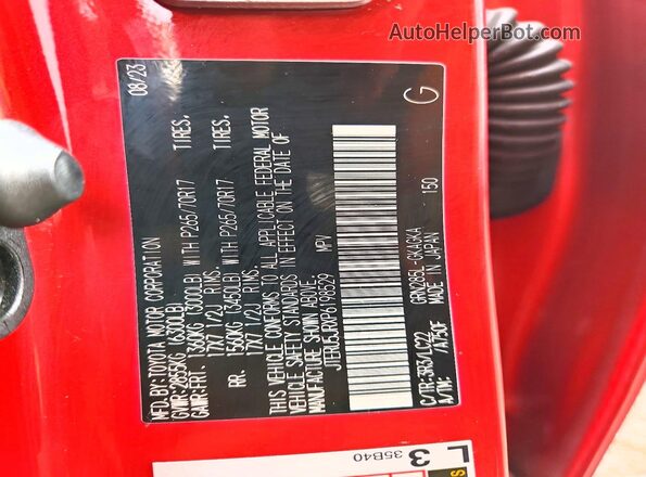 JTERU5JRXP6198529 2023 TOYOTA 4RUNNER Бордовый Вид наклейки с VIN-кодом