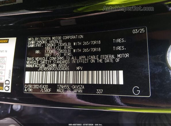 JTEVB5BRXS5004065 2025 TOYOTA 4RUNNER Black Widok komory silnika