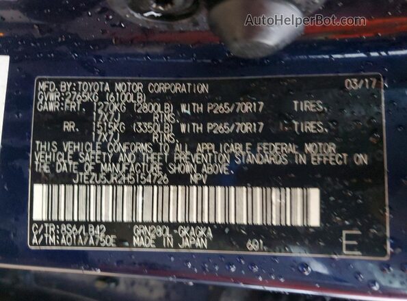 JTEZU5JR2H5154726 2017 TOYOTA 4 Blue Vista del compartimento del motor