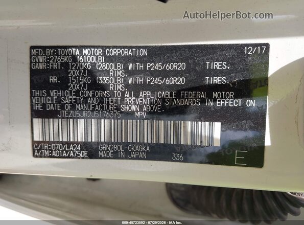 JTEZU5JR2J5176375 2018 TOYOTA 4RUNNER White VIN կոդի պիտակի տեսք