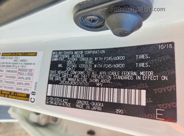 JTEZU5JR2K5197101 2019 TOYOTA 4RUNNER White Widok wnętrza 360 stopni