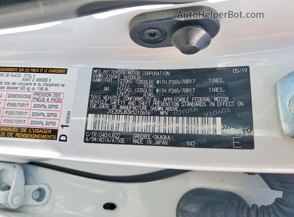 JTEZU5JR3K5210616 2019 TOYOTA 4RUNNER White Vista de la etiqueta del VIN
