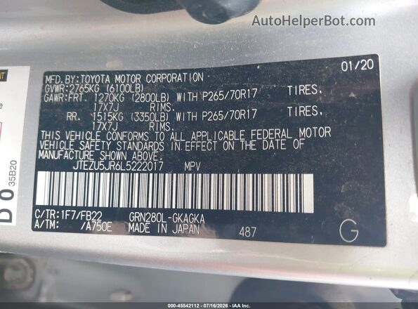 JTEZU5JR6L5222017 2020 TOYOTA 4RUNNER Серебряный Вид подкапотного пространства