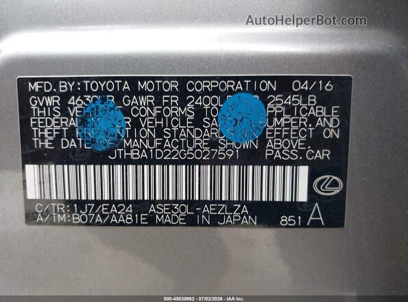JTHBA1D22G5027591 2016 LEXUS IS 200T Silver Widok komory silnika
