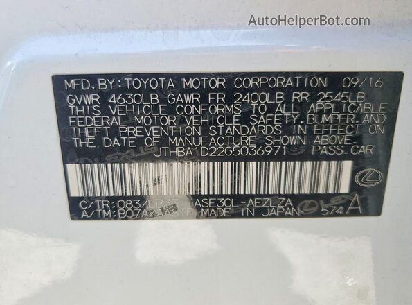 JTHBA1D22G5036971 2016 LEXUS IS White Widok naklejki z numerem VIN