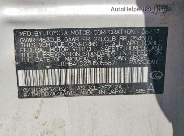 JTHBA1D23H5055871 2017 LEXUS IS White VIN sticker view