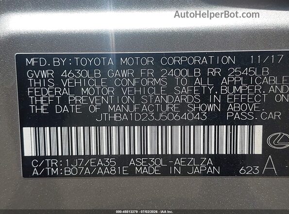 JTHBA1D23J5064043 2018 LEXUS IS 300 Silver Vista del compartimento del motor