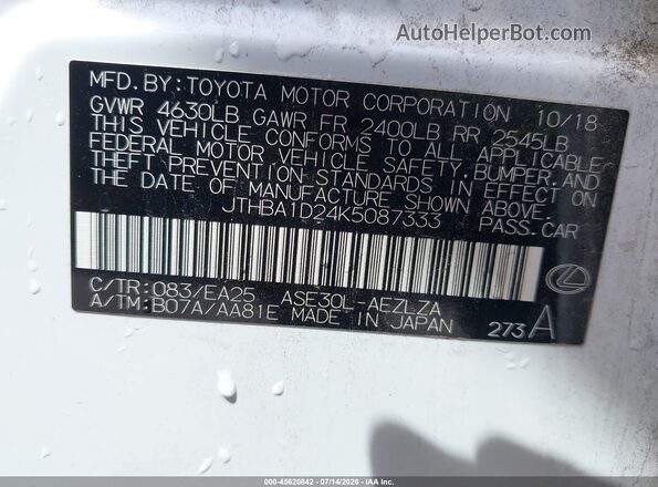 JTHBA1D24K5087333 2019 LEXUS IS 300 White Շարժիչի բաժամունքի տեսք