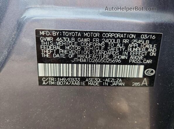 JTHBA1D26G5025696 2016 LEXUS IS Black VIN կոդի պիտակի տեսք