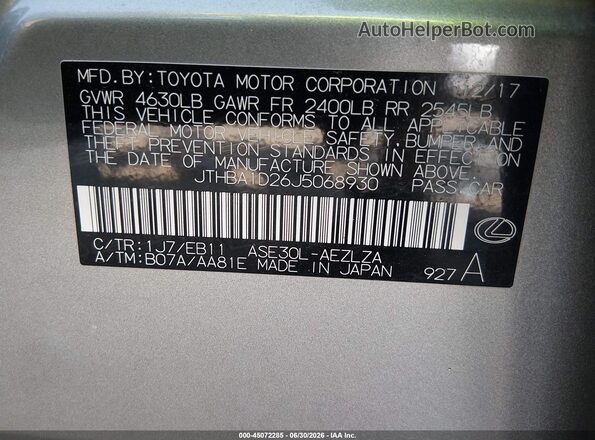 JTHBA1D26J5068930 2018 LEXUS IS 300 Silver ძრავის განყოფილების ხედი